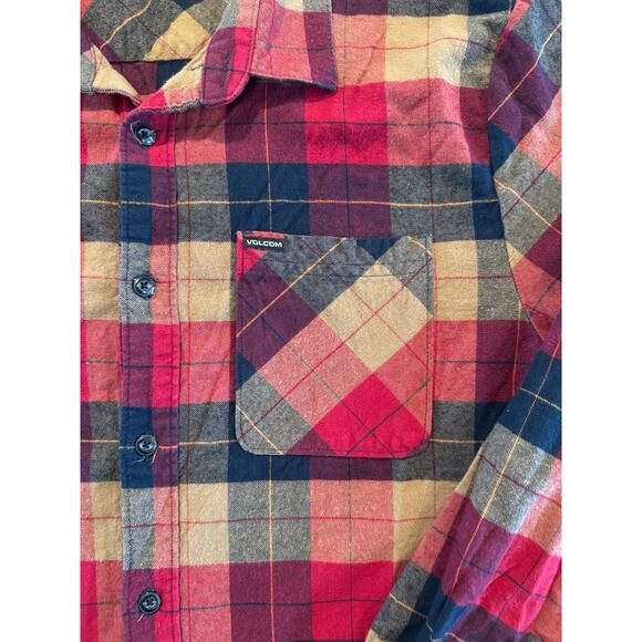 Volcom Flannel Shirt Mens XL Modern Fit Plaid Long Sleeve Button Front Red Navy - Picture 4 of 13